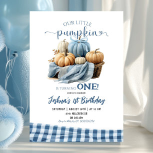 Blue Gingham Little Pumpkin Birthday Invitation