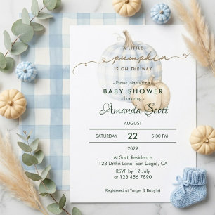 Blue Gingham Little Pumpkin Boy Baby Shower Invitation