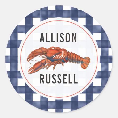 Blue Gingham Lobster Wedding Classic Round Sticker