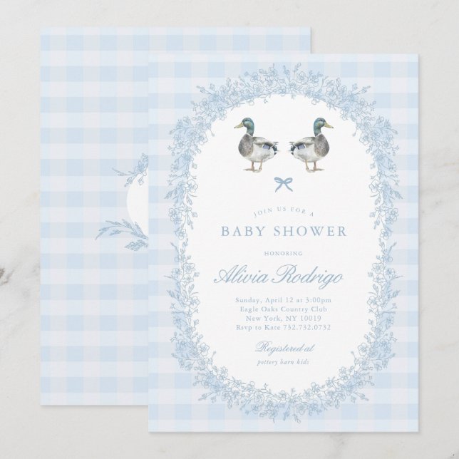 Blue Gingham Mallard Duck Baby Shower Invitation (Front/Back)