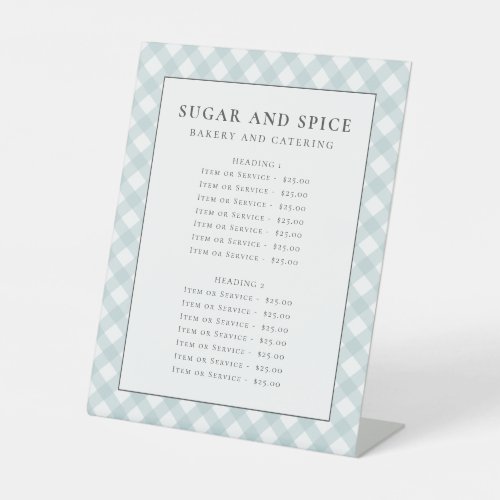 Blue gingham menu product list service list pedestal sign