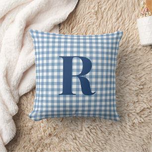 Blue Gingham Modern Monogram Throw Pillow