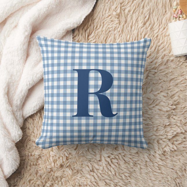 Blue Gingham Modern Monogram  Throw Pillow (Blanket)