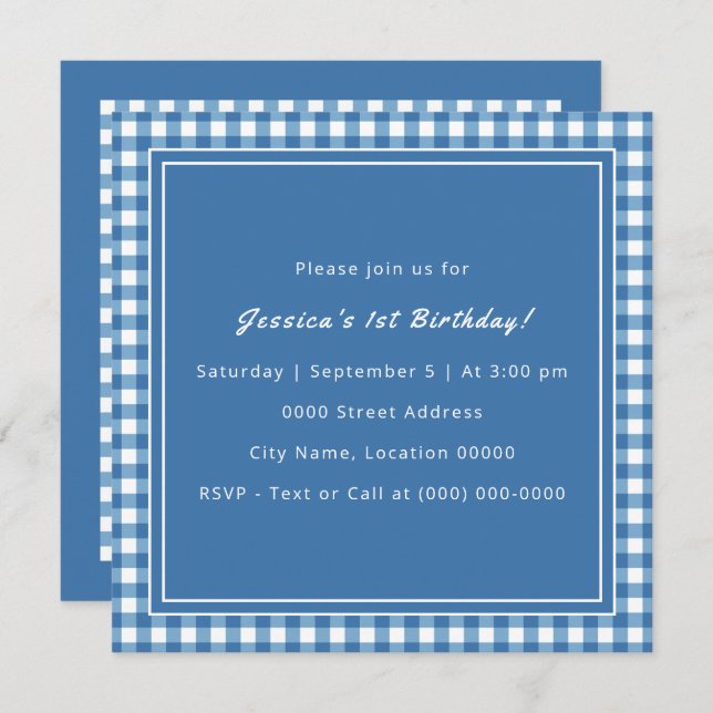 Blue Gingham Monogram Birthday Party Invitation (Front/Back)