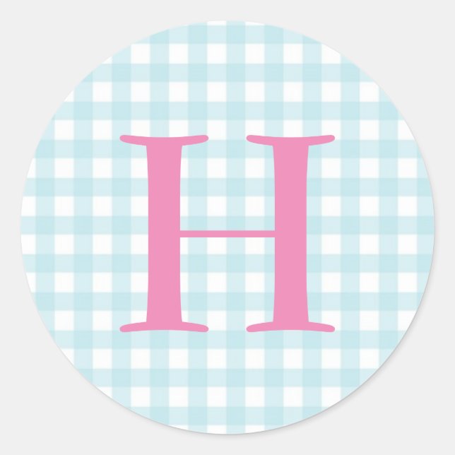 Blue Gingham Monogram Classic Round Sticker (Front)