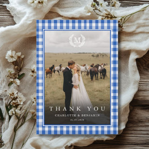 Blue Gingham Monogram Crest 2 Photo  Thank You Card