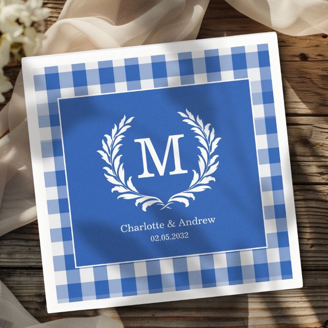 Blue Gingham Monogram Crest Custom Napkins (Blue Gingham Monogram Crest Custom Napkins with your Monogram, names and Date.)