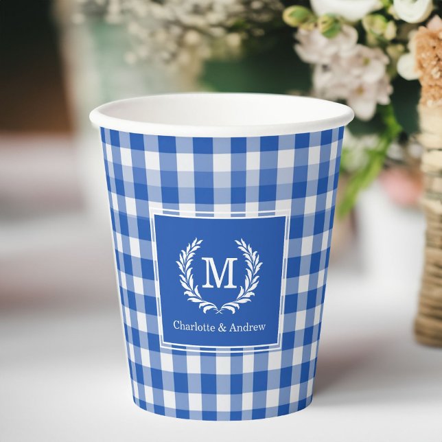 Blue Gingham Monogram Crest Custom Paper Cups (Blue Gingham Monogram Crest Custom Paper Cups with your Monogram & Name or Text.)