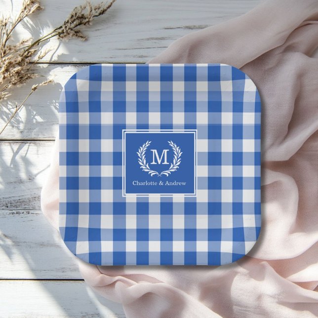 Blue Gingham Monogram Crest Custom Paper Plates (Blue Gingham Monogram Crest Custom Paper Plates with your Monogram and Names.)