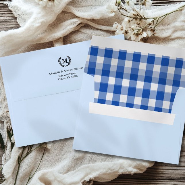 Blue Gingham Monogram Crest Envelope (Blue Gingham Monogram Crest Custom Envelope with your Initial, Names & Address - 6 Colors.)
