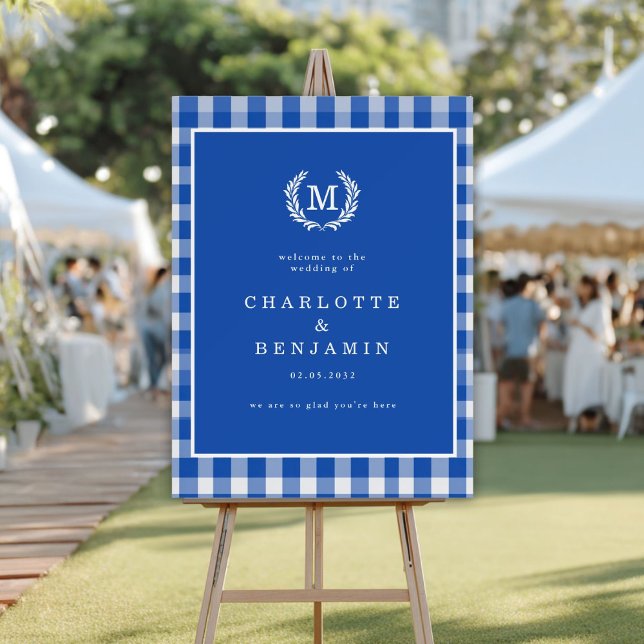 Blue Gingham Monogram Crest Wedding Welcome Foam Board (Custom Blue Gingham Monogram Crest Wedding Welcome Foam Board)