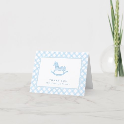 Blue Gingham Nursery Rocking Horse Baby Shower Thank You Card