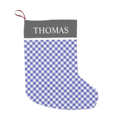 Blue Gingham Offblack Collar Custom Name Small Christmas Stocking