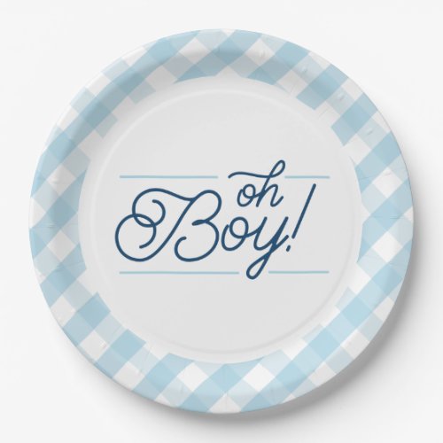 Blue Gingham Oh Boy Baby Shower Paper Plates