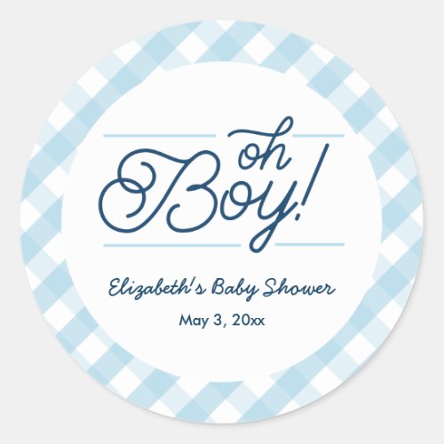 Blue Gingham Oh Boy Baby Shower Stickers