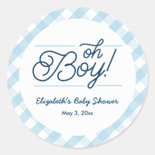 Blue Gingham "Oh Boy" Baby Shower Stickers