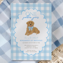Blue Gingham One Golden Year 1st Birthday Puppy