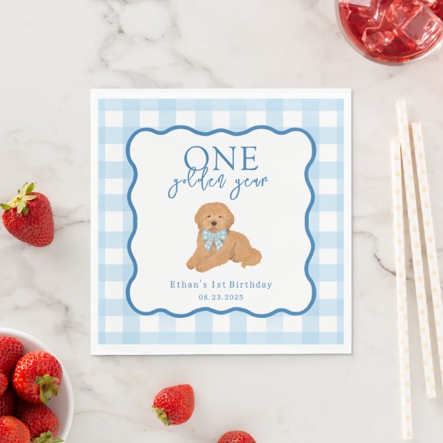 Blue Gingham One Golden Year Boys First Birthday Napkins (Insitu)