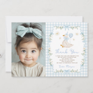 Blue Gingham One Silly Goose Birthday Photo Thank You Card