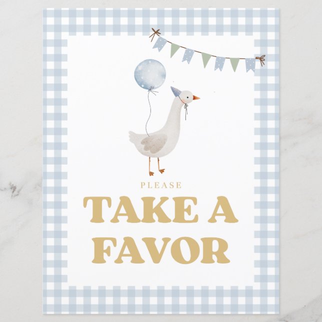 Blue Gingham One Silly Goose Party Favor Sign (Front)