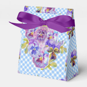 Blue Gingham Pansy Floral Wedding Cake Favor Favor Boxes