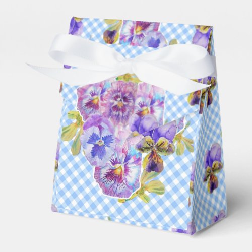Blue Gingham Pansy Floral Wedding Party Cake Favor Boxes