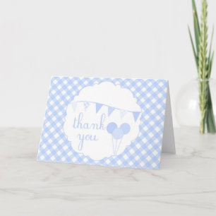 Blue Gingham Party Banner Balloons Thank You Card