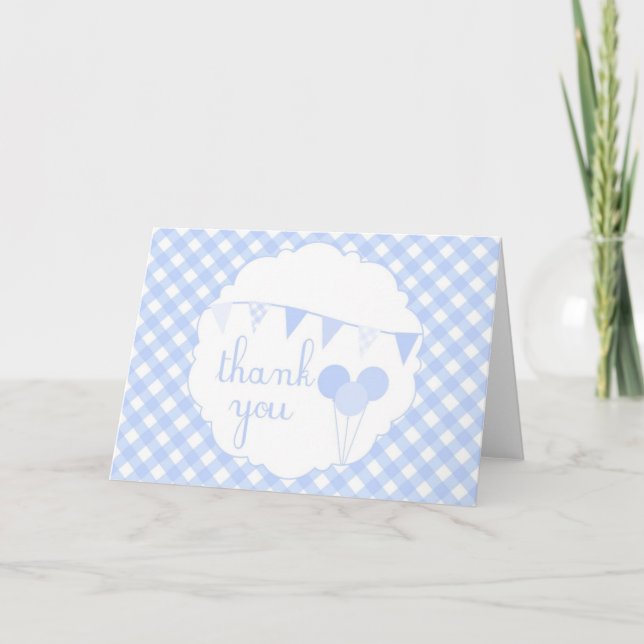 Blue Gingham Party Banner Balloons Thank You Card (Front)