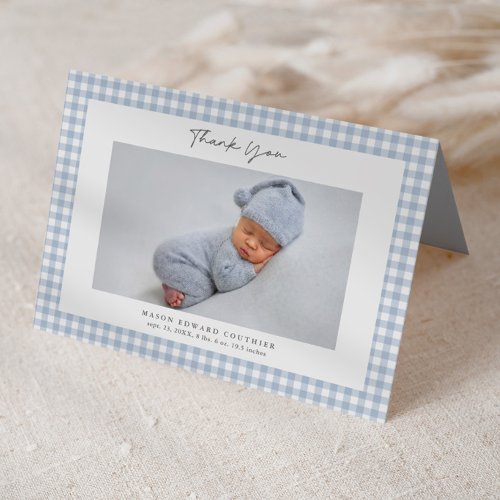 Blue Gingham Pattern Boys Photo Thank You Card