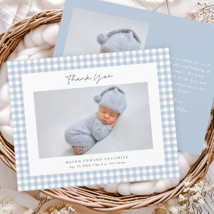 Blue Gingham Pattern Boys Photo Thank You Card