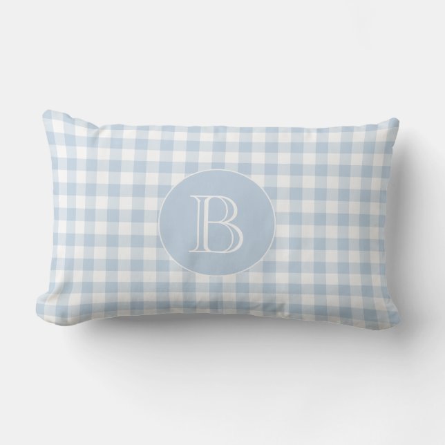Blue Gingham Pattern Custom Monogram Lumbar Pillow (Front)