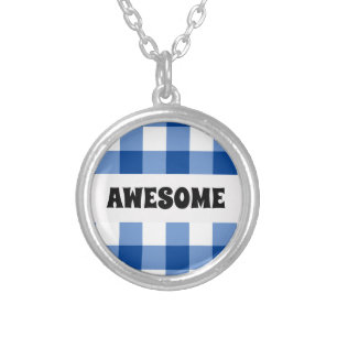 Blue gingham pattern earrings silver plated necklace
