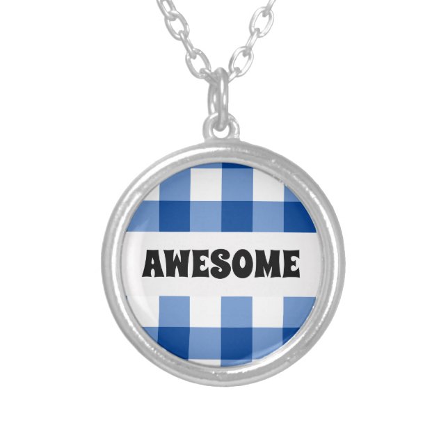 Blue gingham pattern earrings silver plated necklace (Front)