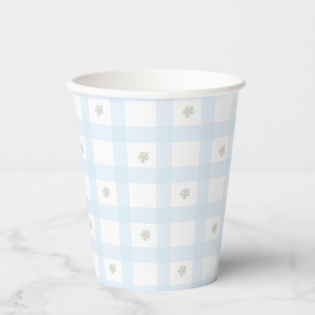 Blue Gingham Pattern Floral CartoonParty Supplies  Paper Cups (Front)