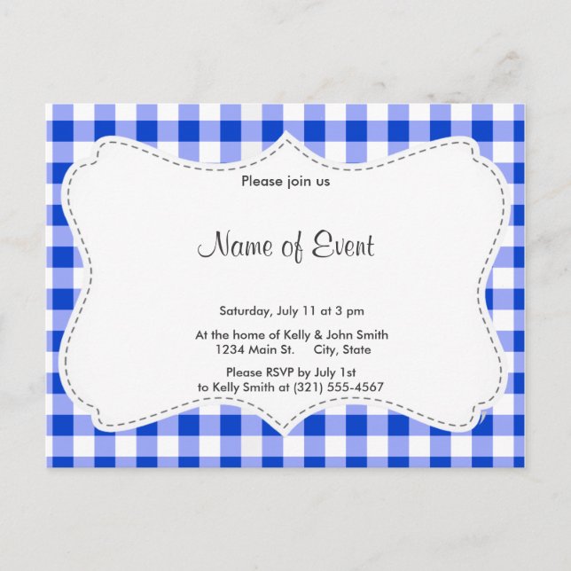 Blue Gingham Pattern Invitation Postcard (Front)