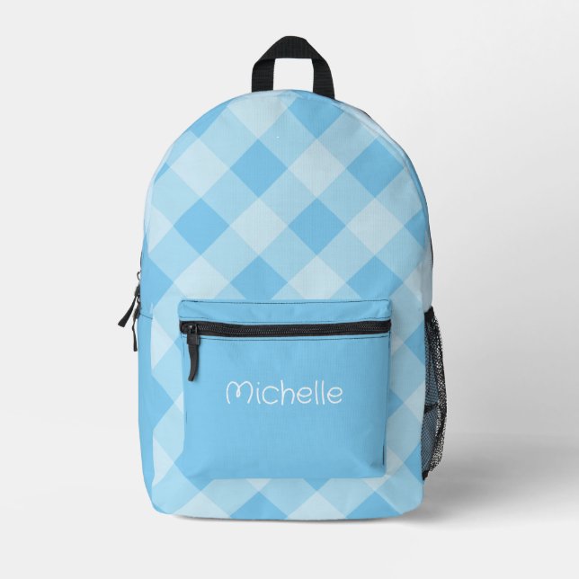 Blue Gingham Pattern Personalized Name  Printed Backpack (Front)