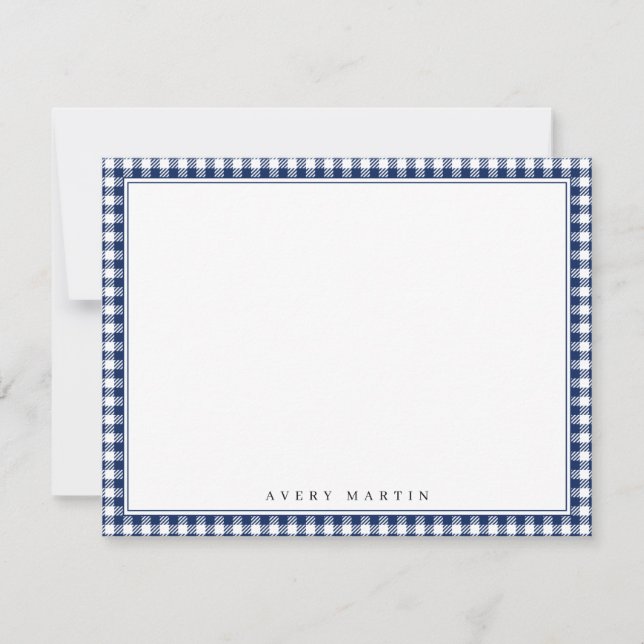 Blue gingham pattern personalized Stationery Note Card (Front)