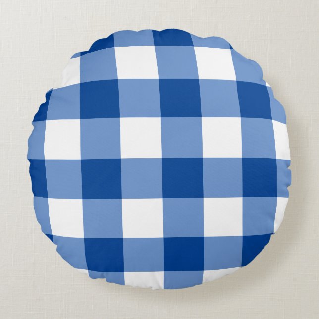Blue gingham pattern round pillow (Front)