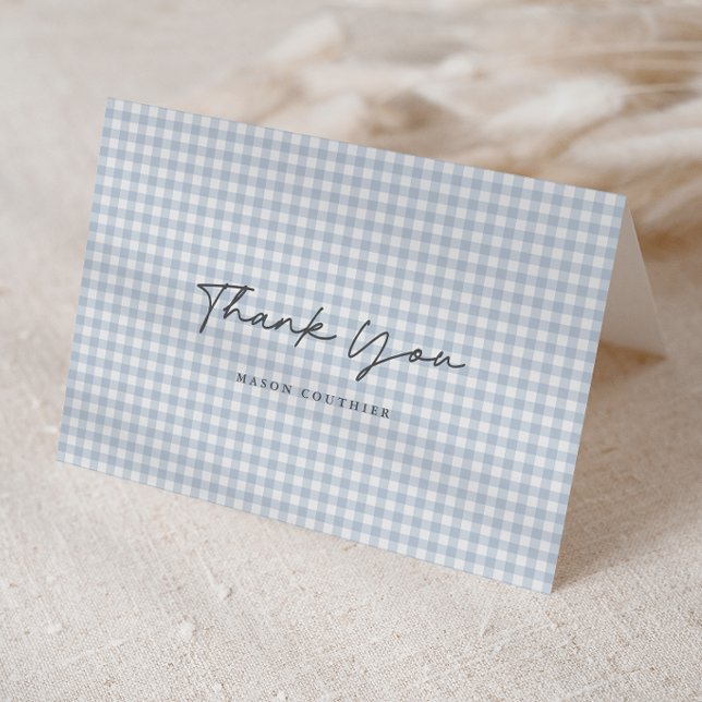 Blue Gingham Pattern Script Folded  Letterpress Thank You Card (Blue Gingham Check Baby Boys Folded Photo Thank You Note Cards.)