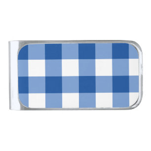 Blue gingham pattern silver finish money clip