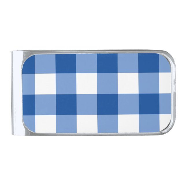 Blue gingham pattern silver finish money clip (Front)