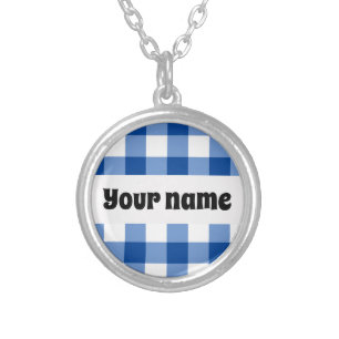 Blue gingham pattern silver plated necklace