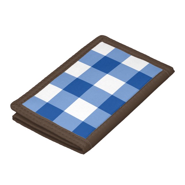 Blue gingham pattern tri-fold wallet (Top)