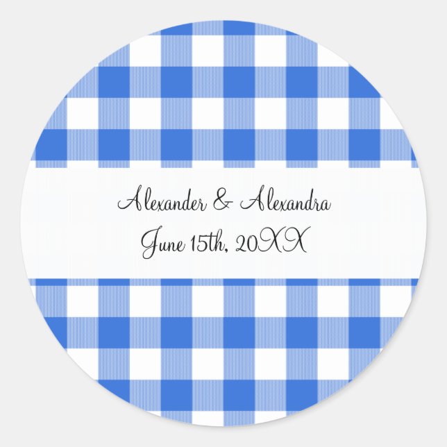 Blue gingham pattern wedding favors classic round sticker (Front)