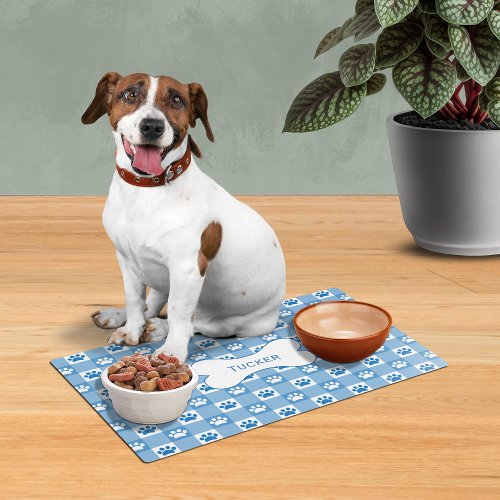 Blue Gingham Paw Prints Dog Bone Custom Pet Placemat