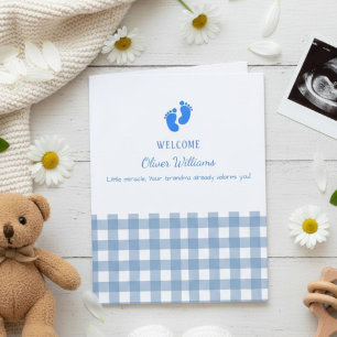 Blue Gingham Personalized Baby Welcome Card 