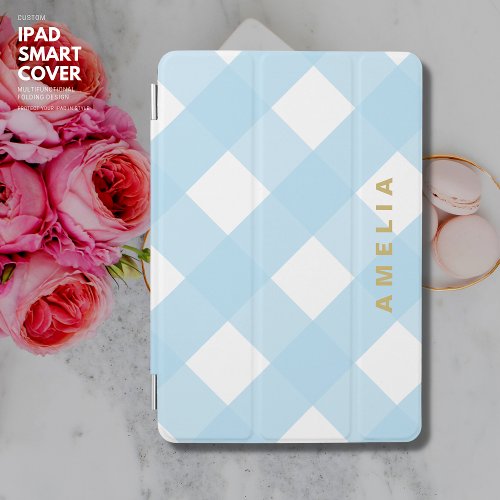 Blue Gingham Personalized iPad Cover with Name