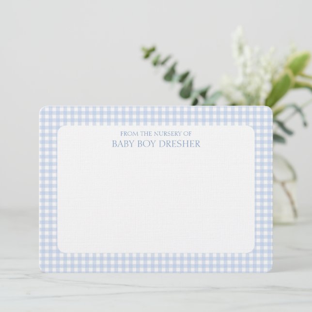 Blue Gingham Personalized  Note Card (Standing Front)