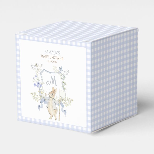Blue Gingham Peter the Rabbit Baby Shower MUTED BL Favor Boxes (Front Side)
