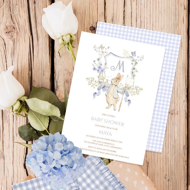 Blue Gingham Peter the Rabbit Baby Shower MUTED BL Invitation (Creator Uploaded)